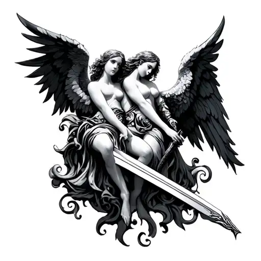 3 Angels and sword intertwined tattoo design idea