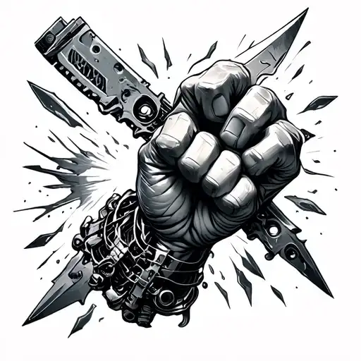 Tattoo sketch for a forearm, a high-tech detailed biomechanical iron fist powerfully shattering a sharp razor blade. The tattoo design idea