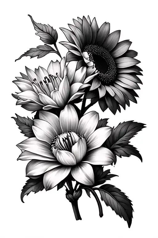 Floral Family Sunflower Azalea and Lilla flowers tattoo design idea