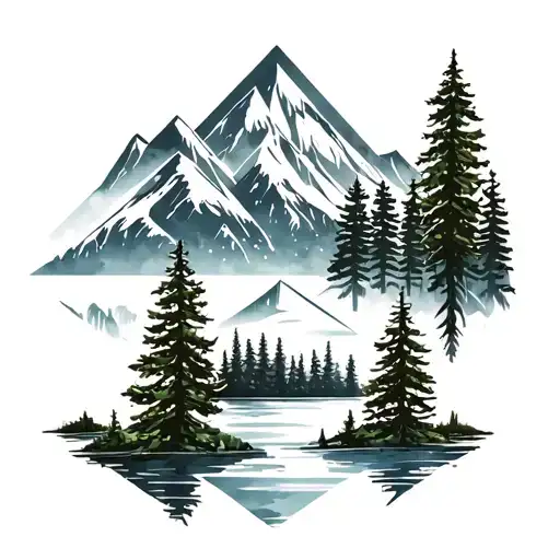 PNW, geometric, mountains, lakes, and evergreen trees tattoo design idea