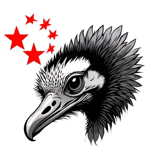 chinese flag with a centered ostrich head cartoonish funny tattoo design idea
