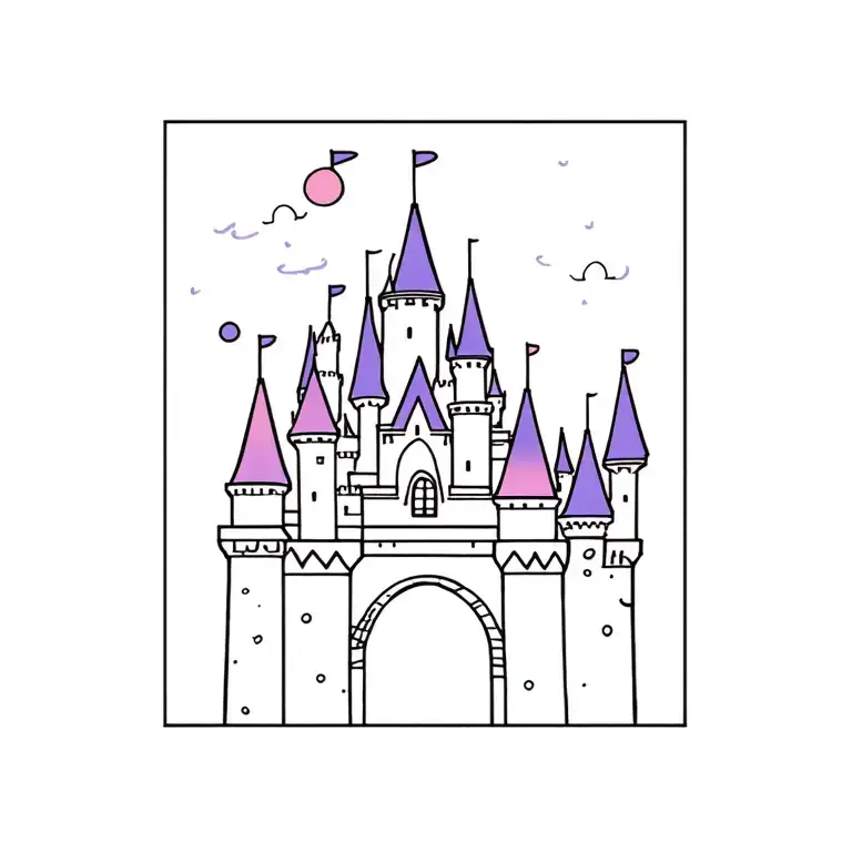 tiny disney castle tattoo with a little bit of color. maybe purples and pinks tattoo design idea