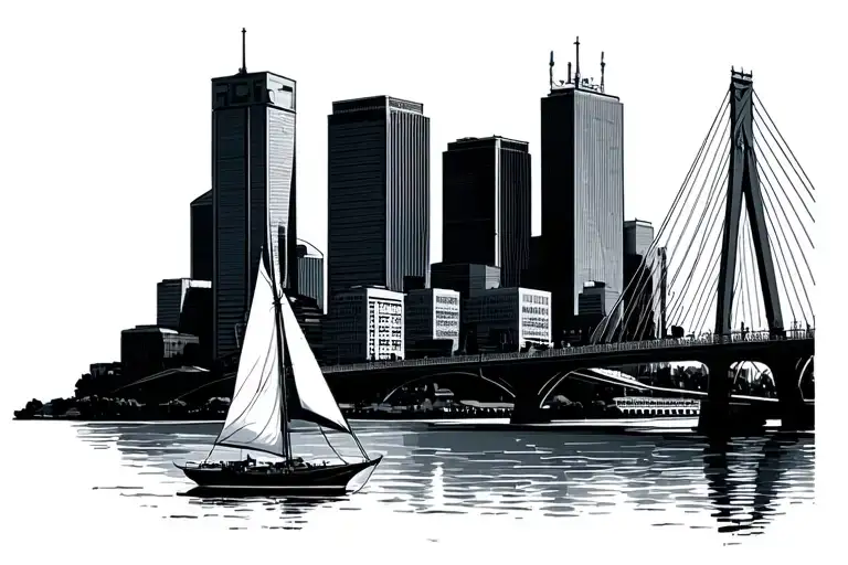 boston skyline including prudential center, zakim bridge, charles river with a sailboat tattoo design idea