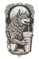 A vulgarity-themed wolf howling at the moon with a cup of iced coffee in hand tattoo design idea