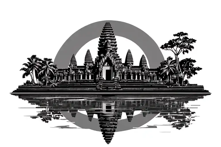 Front view of Angkor Wat, include a shining sun in the background, reflection in the water below tattoo design idea