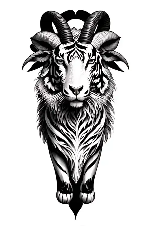 full leg sleeve, capricorn goat, greek mythology, tiger, tree of life tattoo design idea