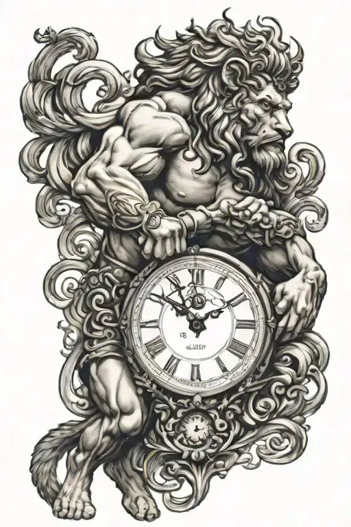 Hercules with lion helmet and clock tattoo design idea