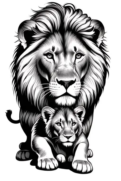 lion protecting 2 cub looking tattoo design idea