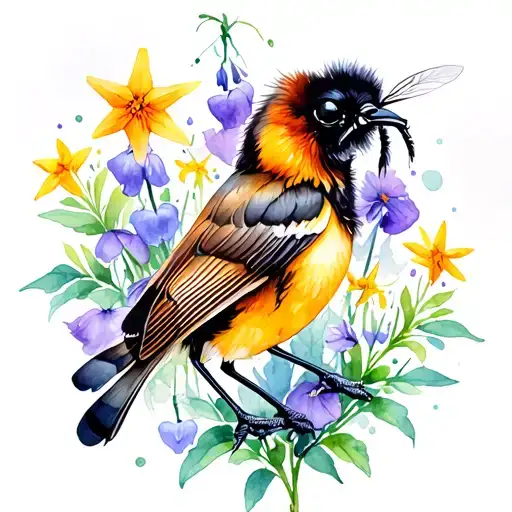 throstle bird, bumble bee, star, foxglove flowers tattoo design idea
