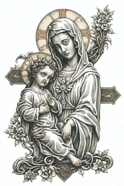 virgin Mary and Jesus and cross intertwined tattoo design idea