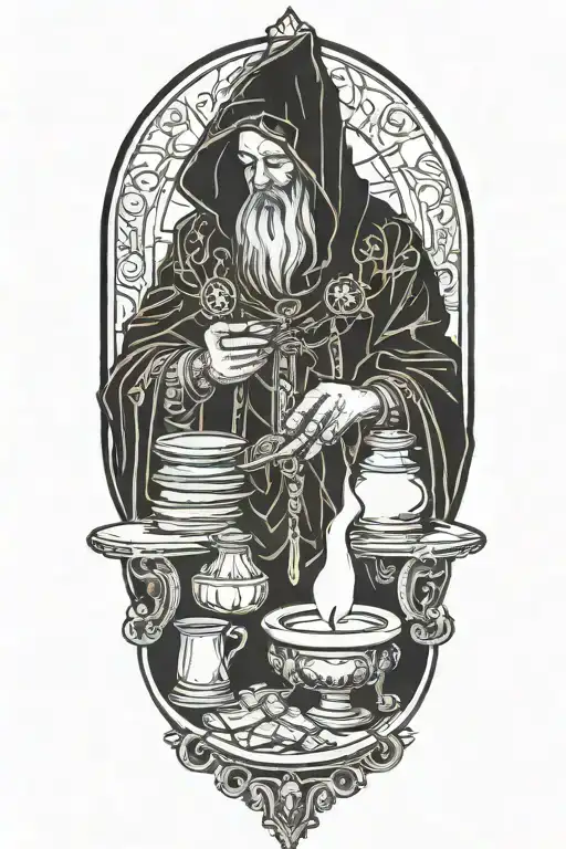 Hodded alchemist performing ritual, tarot cards, candles tattoo design idea