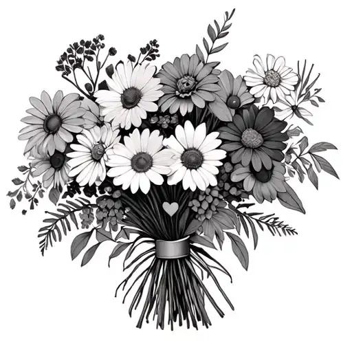 Bouquet of varied vertical flowers. In this bouquet I want there to be a little heart and the date 2006 tattoo design idea