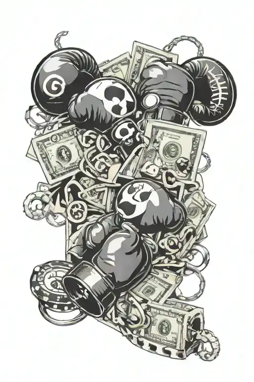 Full arm tattoo with, boxing gloves, 100 dollar bills, 8 ball, ying yang, scorpion, ace king queen cards and handcuffs  tattoo design idea