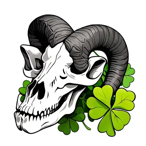 Aries ram skull with three leaf clovers tattoo design idea