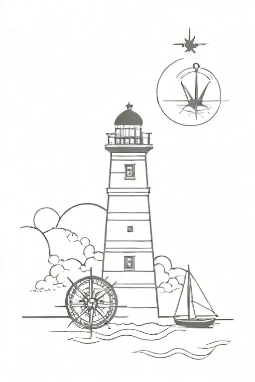 lighthouse and compass rose boat tattoo design idea