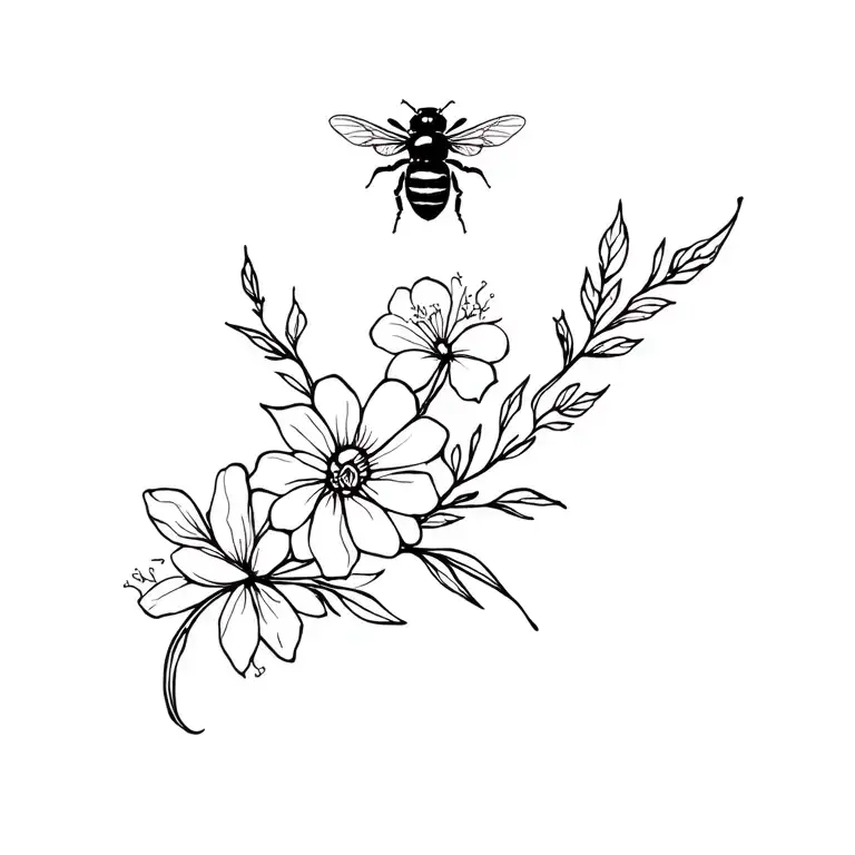 manchester bee and honeysuckle flower fine line tattoo design idea