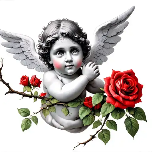 cherub holding branch of red roses intertwined tattoo design idea