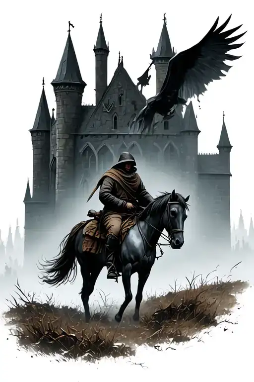 bloodborne gothic castle in the background with hunter riding horse in foreground. horror like. tattoo design idea