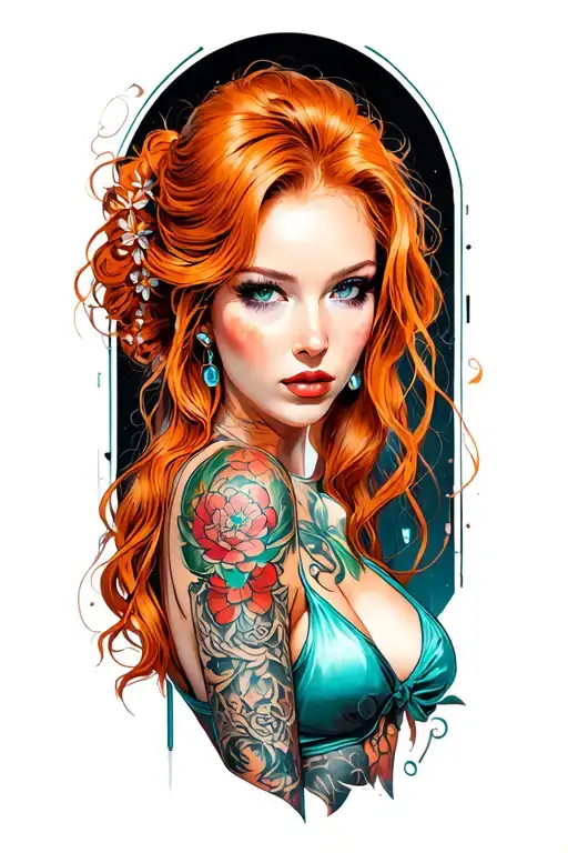 cyberpunk pin up girl, ginger tattoo design idea