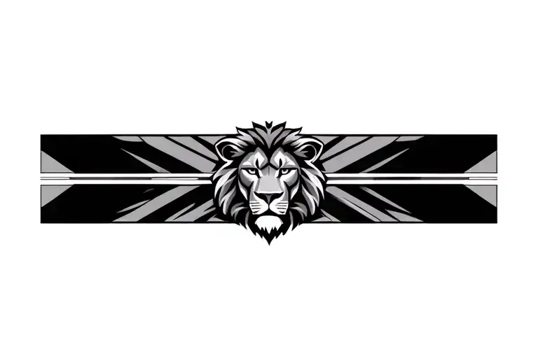 lion head in middle of band geometric clean lines , lion head must be reaslistic and geometric clean style, band ends sh tattoo design idea