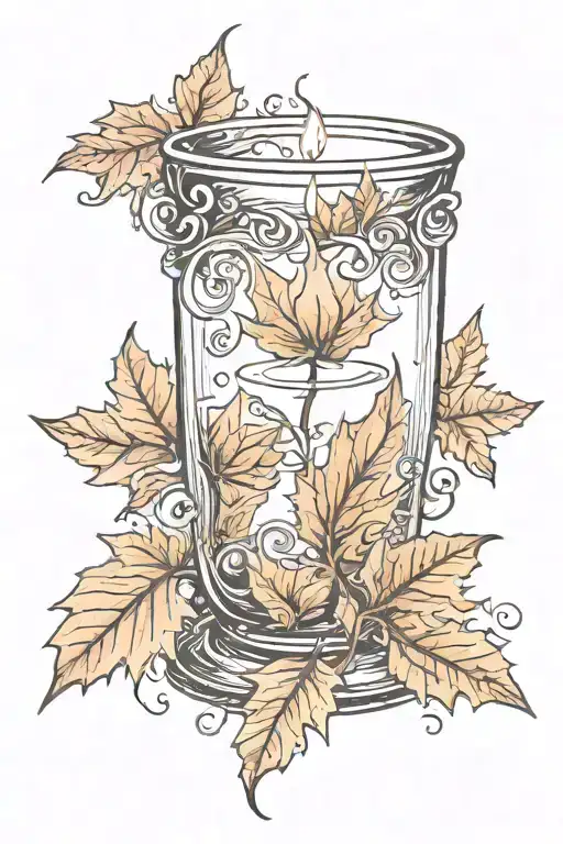 autumn leaves in the wind swirling around a burning candle tattoo design idea