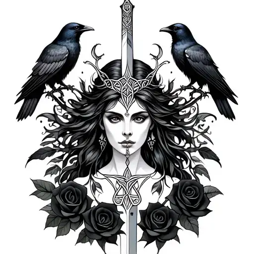 Celtic Goddess, Morrigan. Surrounded by ravens, black roses and swords tattoo design idea
