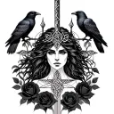 Celtic Goddess, Morrigan. Surrounded by ravens, black roses and swords tattoo design idea