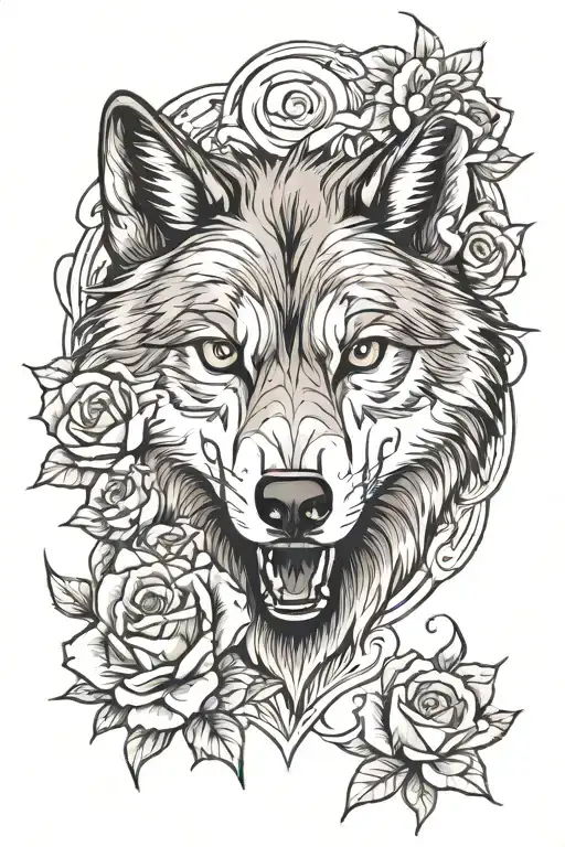 angry wolf blended by roses tattoo design idea