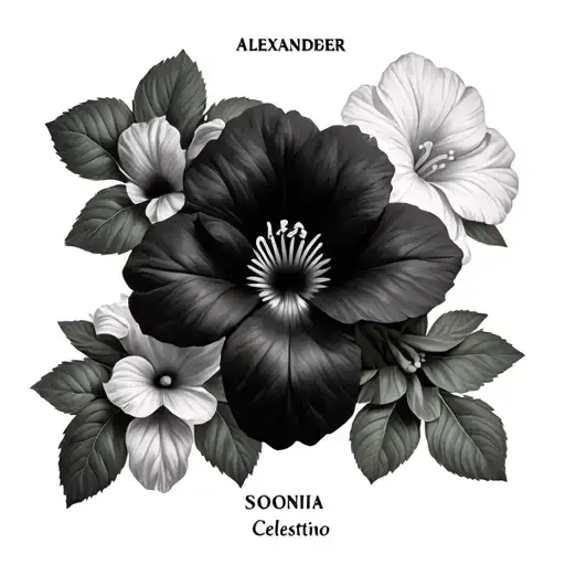 Realistic Impatiens flowers with names Alexander, Sonia, Celestino floating in the middle with shading  tattoo design idea