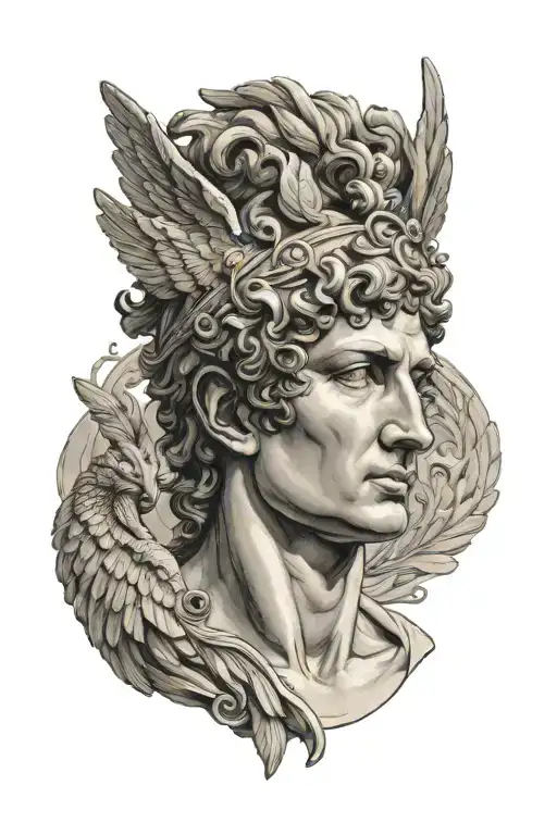 hermes mercury combined greek Roman art winged feathered hair tattoo design idea