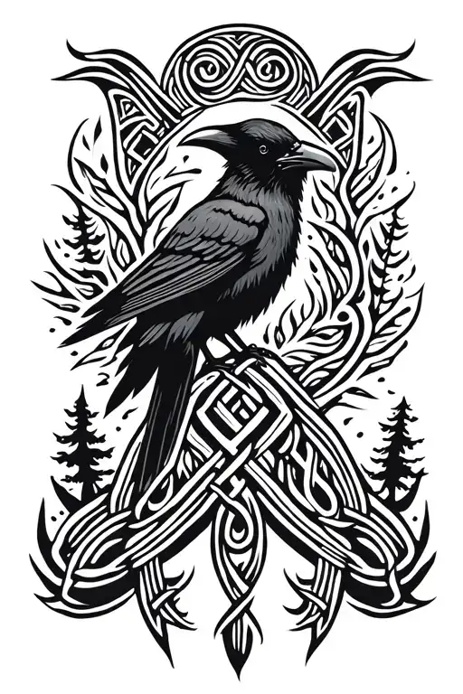 Viking-style tribal tattoo that has good contrast to the skin underneath, it uses some forest, raven, knots, and similar tattoo design idea