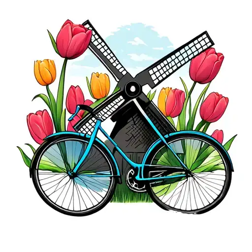 A windmill, two bicycles one in blue the other in green. with tulip background tattoo design idea