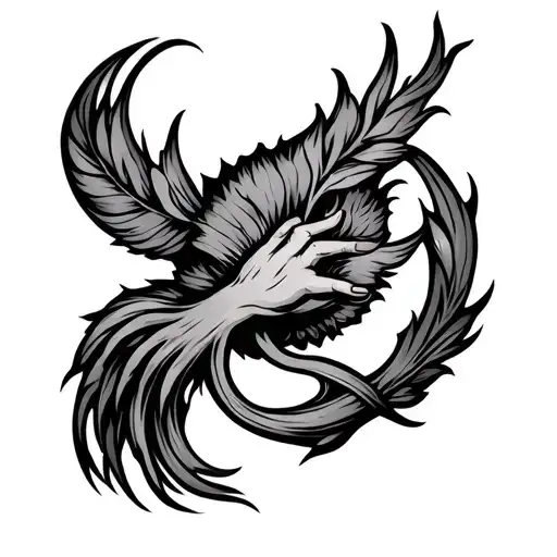 Full arm black-and-grey tattoo design, flat layout, showing the entire left arm from shoulder to mid-hand. Centered arou tattoo design idea