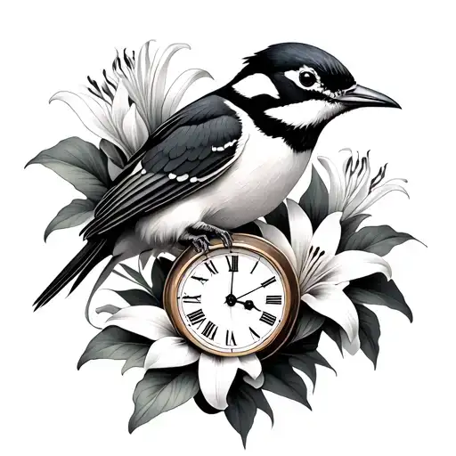woodpecker, lilies, clock tattoo design idea
