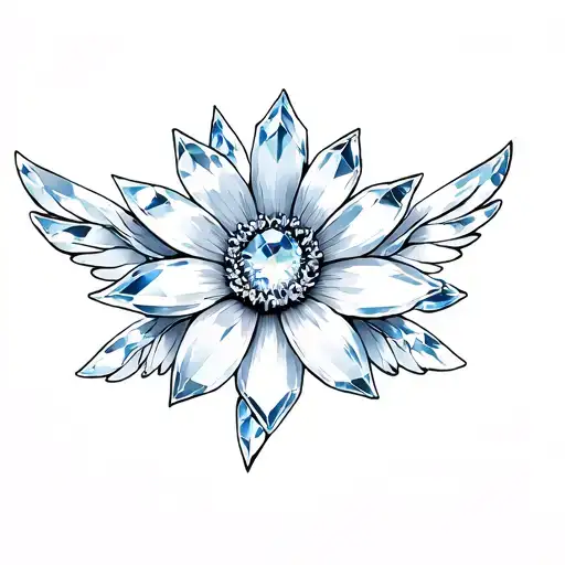 Crystal textured flower in the middle, surrounded by tiny crystals and wings  tattoo design idea