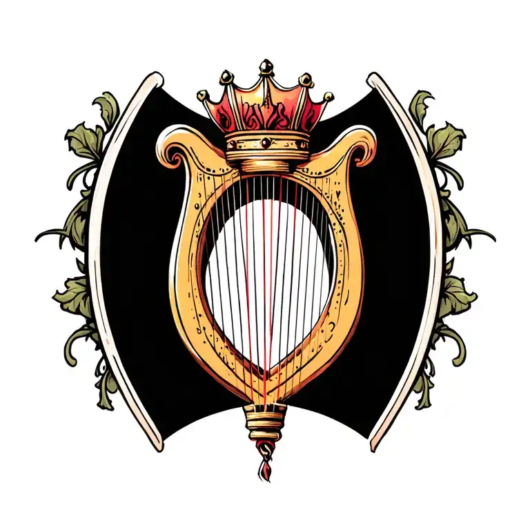 harp with crown hanging tattoo design idea