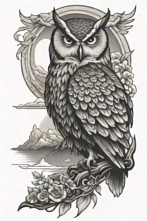 owl, wisdom, sun rays, mountains, pride and a dragon flying tattoo design idea