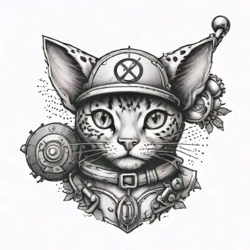 A dotwork tattoo of a cat dressed up as a Pokemon trainer tattoo design idea