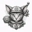 A dotwork tattoo of a cat dressed up as a Pokemon trainer tattoo design idea