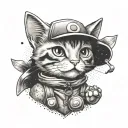 A dotwork tattoo of a cat dressed up as a Pokemon trainer tattoo design idea