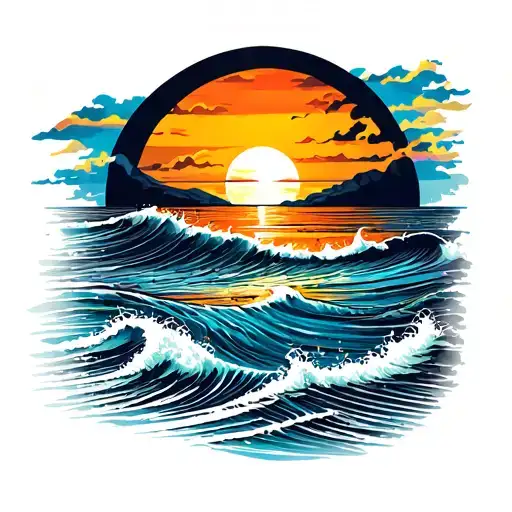 sunset over ocean scene tattoo design idea
