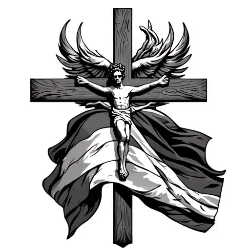 tattoo design of a religious cross draped with a LQBTQ+ Pride Flag that represents a transgenders man's fear of connecti tattoo design idea