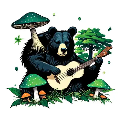 A female bear surrounded by green trees and amanita mushrooms with bluegrass instruments  tattoo design idea