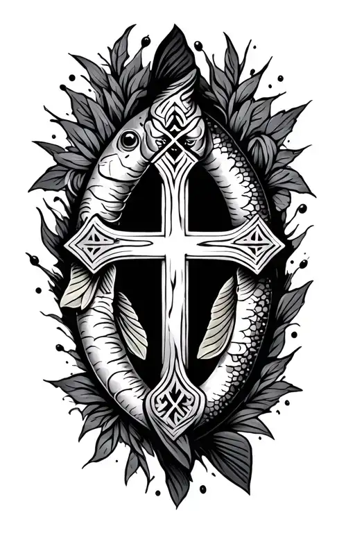 tryzub, orthodox cross, brook trout tattoo design idea