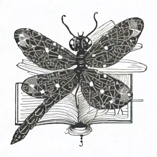 A dragonfly made out of computer code intertwining with books tattoo design idea