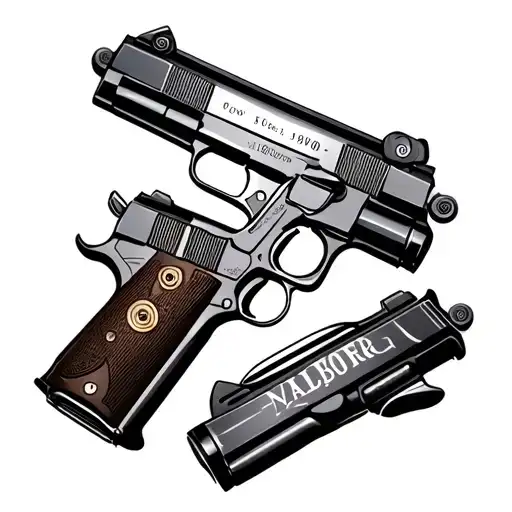 2 pistols, specifically a M 1911. On the first gun i want an inscription that says "9000" and the other says "Aalborg" tattoo design idea