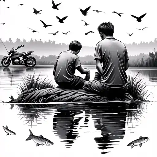 Dad and son sat by fishing lake. Carp jumping. Car and motorbikes in the background with pigeons flying overhead tattoo design idea