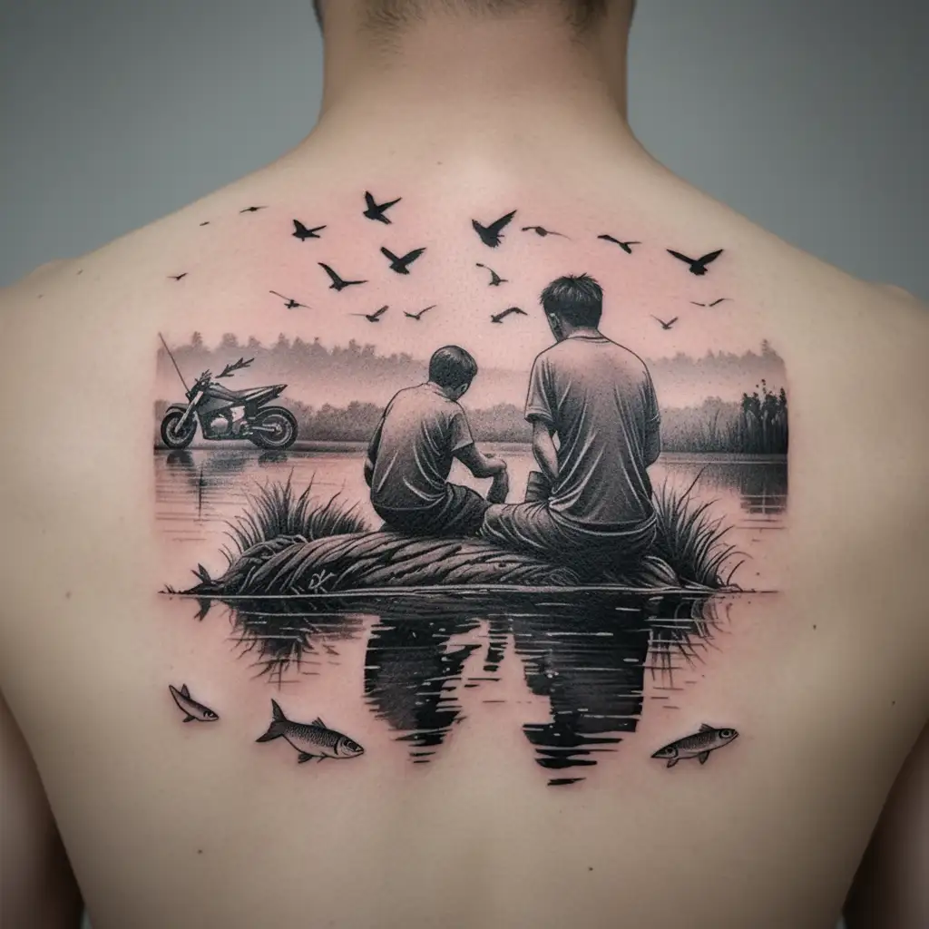 Dad and son sat by fishing lake. Carp jumping. Car and motorbikes in the background with pigeons flying overhead tattoo design idea