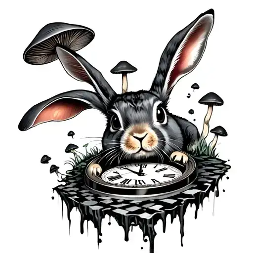 evil rabbit from Alice in wonderland falling down checkered hole in shape of clock with mushrooms tattoo design idea