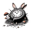 evil rabbit from Alice in wonderland falling down checkered hole in shape of clock with mushrooms tattoo design idea